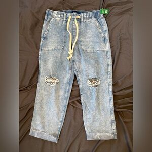 Distressed Light Blue Jeans with Drawstring